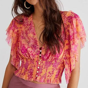 Free People Sugar Crop Top Hot Tropics pink orange floral mesh ruffled medium